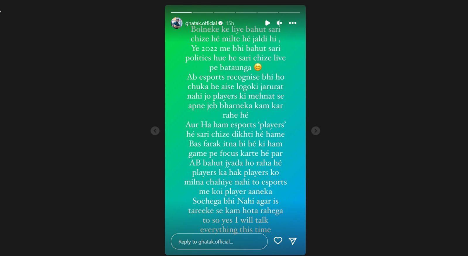 Snippet showing Ghatak recent Instagram story (Image via Instagram/ghatak.official)